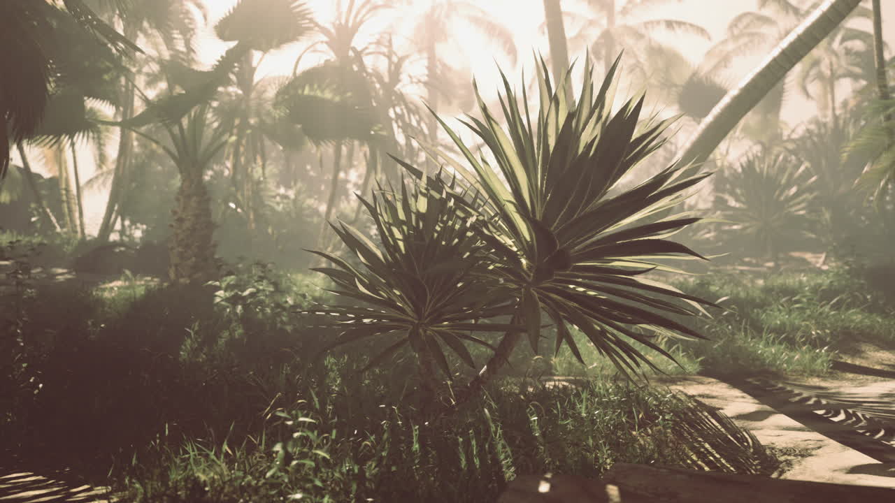 Vibrant foliage in tropical landscape illuminated by soft sunlight