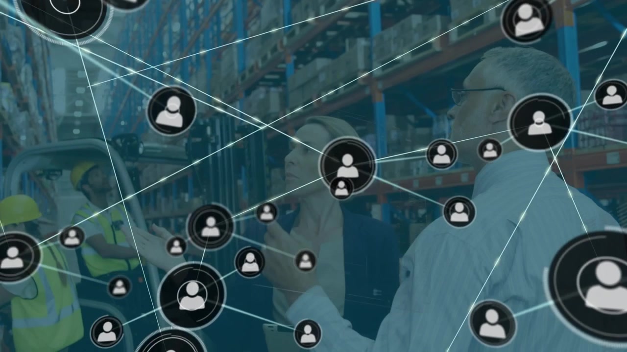 Animazione di rete di connessioni con icone su persone diverse che lavorano in magazzino