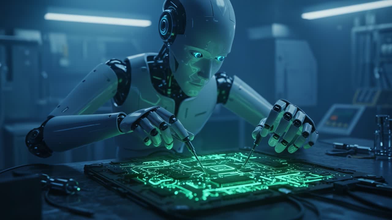 A futuristic robotic figure meticulously works on an illuminated circuit board, showcasing advanced technology and robotics in a high-tech laboratory environment