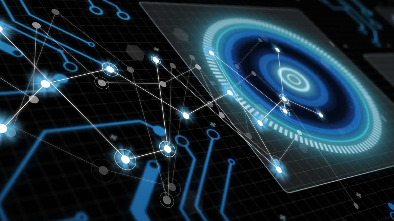 Animation of data processing with network of connections on black background