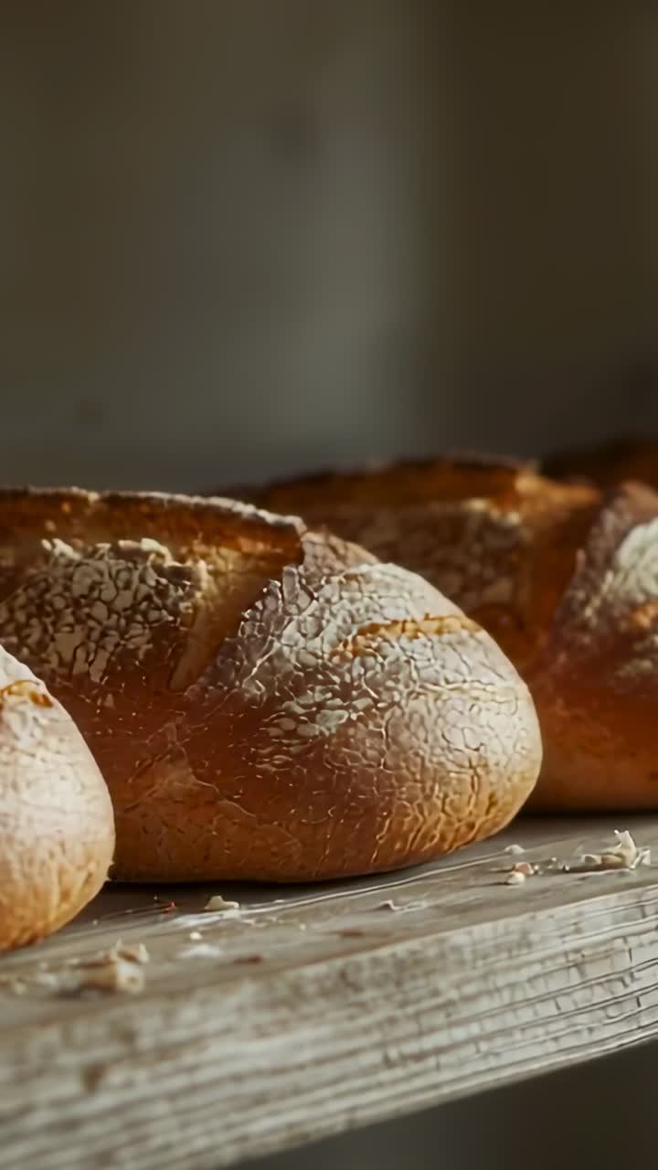 Vertical video: Pan starting camera panning over rustic bread loaves on shelf, highlighting crust