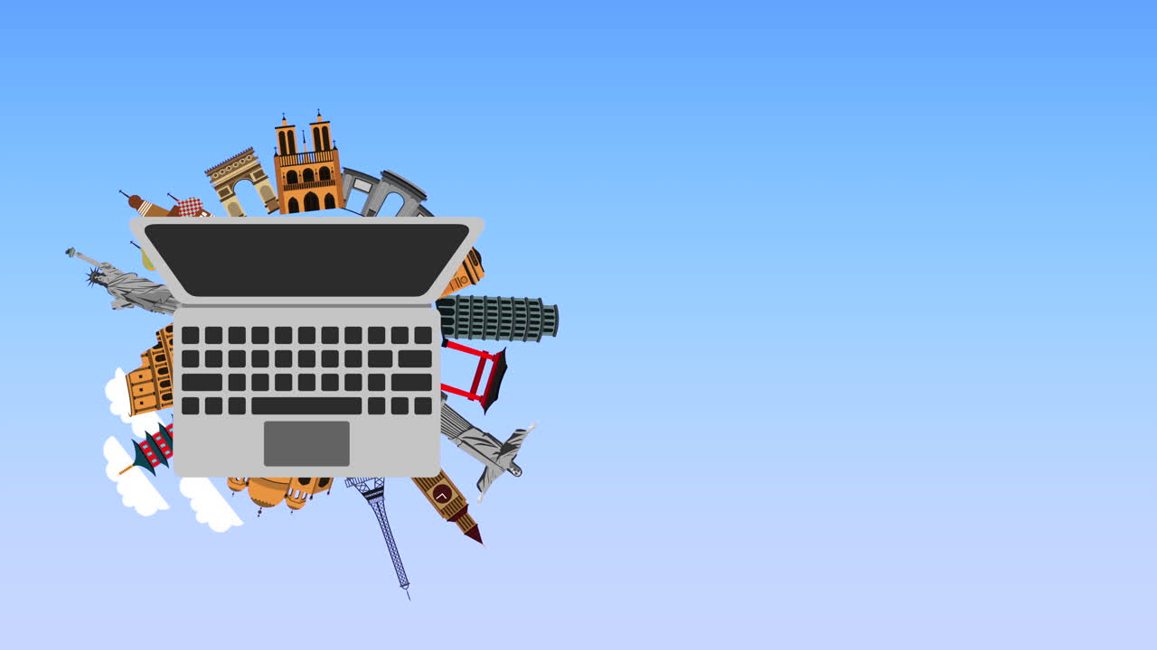 vacaciones de tiempo con computadora portátil y monumentos mundiales