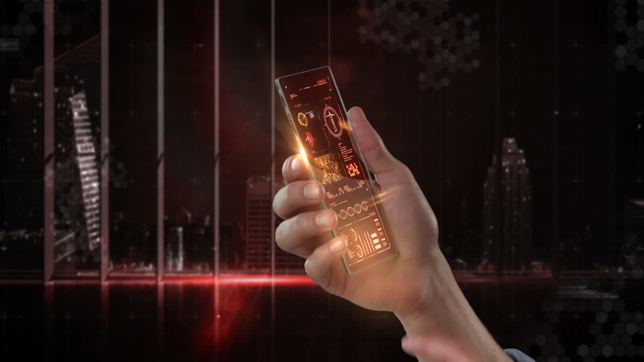 teléfono móvil futurista en la mano contra un fondo generado digitalmente