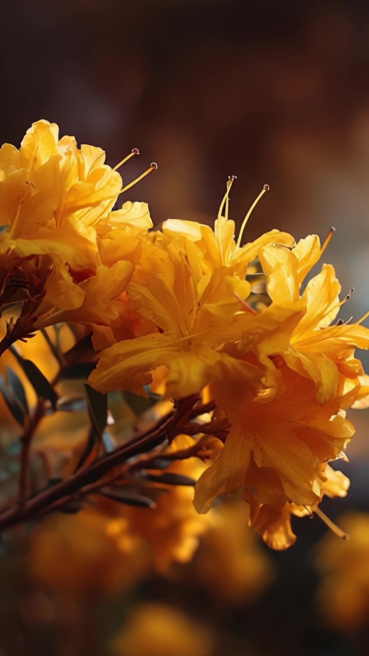 Bunga Azalea Kuning Cerah dalam Fokus, Menangkap Keindahan Tampilan Musim Semi Alam dengan Sinar Matahari Menyoroti Kelopak dan Dedaunan Halusnya