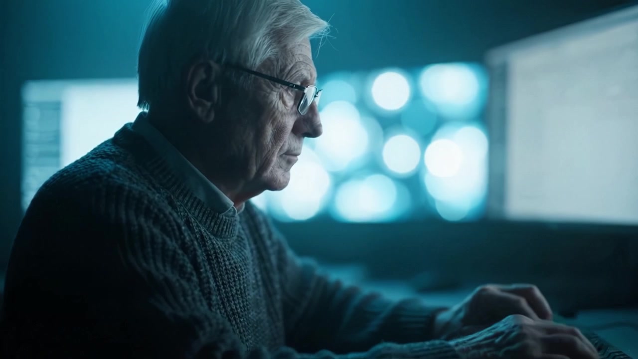 An elderly man conducts focused work on a computer, illuminated by soft blue light, emphasizing concentration and wisdom in an age of technology and digital innovation.