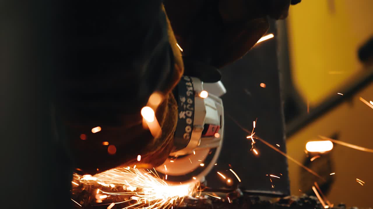 The worker cleans the welding seam with a special tool. Sparks fly from the metal