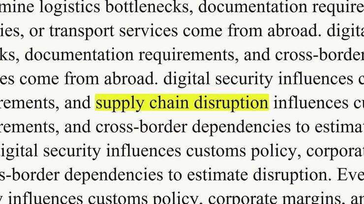 Supply chain disruption appears in a yellow highlight while black serif paragraphs change, with text about products, companies and trade costs on a white background.