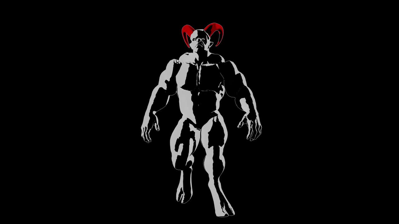 demonio, diablo, personaje de infierno con cuernos en estilo de vanguardia caminando hacia adelante. atención! el canal alfa está disponible sólo para la versión con el códec prores 4444