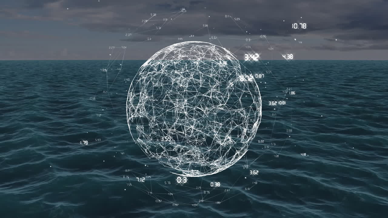 globo geométrico con animación de puntos de datos sobre las olas del océano