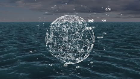 geometric globe with data points animation over ocean waves