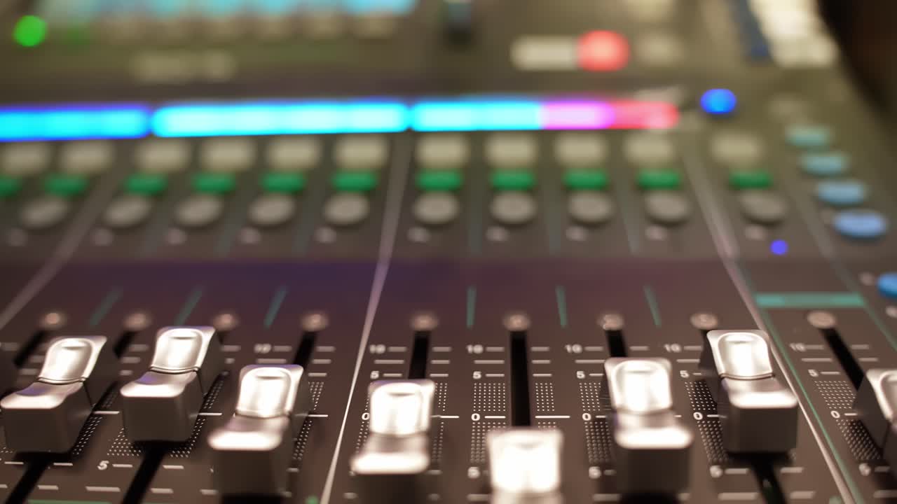 Wide close-up of an audio desk with multiple channel faders and glowing LED indicators, creating soft bokeh. Professional recording and broadcast control surface in a studio environment