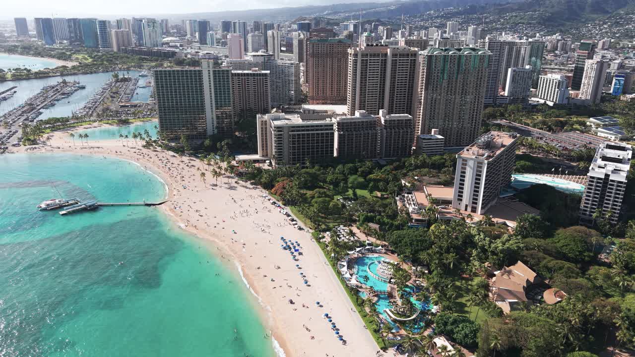 Aerial View of Honolulu, Hawaii USA, Waikiki Beach, Beachfront Buildings, Lagoon and Ala Wai Boat Harbor