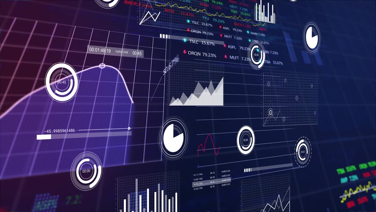 Camera panning right, rotating, floating data HUD showing metrics, dials pulsing, lines drawing