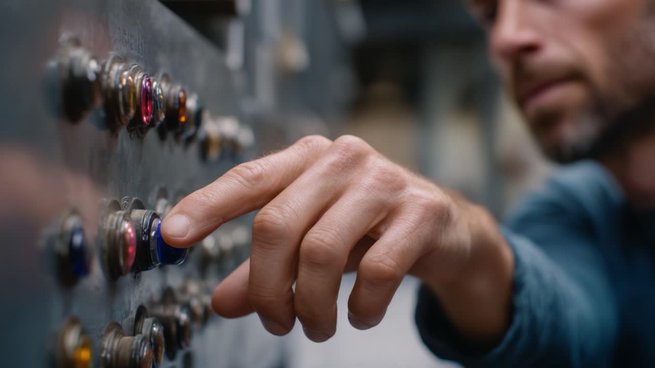 A focused individual interacts with a detailed control panel, pressing buttons that illuminate, showcasing an engaging moment of technical interaction in a workshop setting
