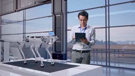 vista lateral completa del cuerpo de un trabajador profesional masculino asiático de pie con su tableta en una fábrica de alta tecnología, perro robot, escribiendo en el teclado de su tableta con meditación