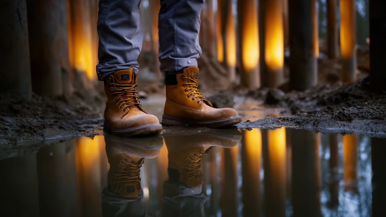 Water-Reflective Footwear Elegance: A Captivating Perspective on Boots Standing in a Shimmering Puddle Amidst Glow of Ambient Lighting and Surrounding Natural Elements