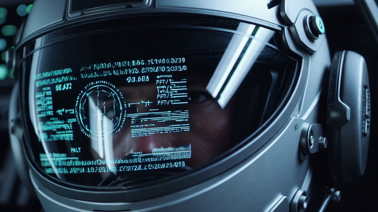 Pilot in futuristic helmet with advanced HUD