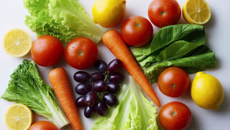 assorted fresh fruits and vegetables on white background
