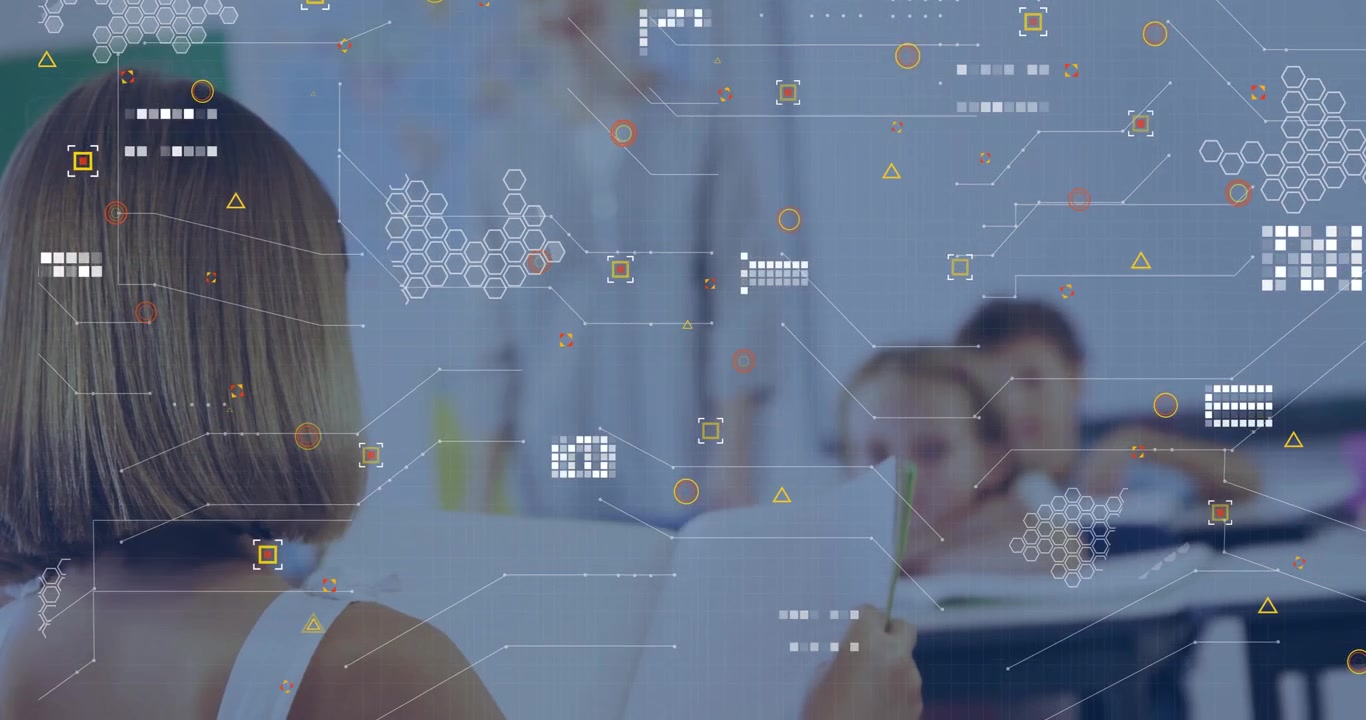 Students in Classroom with Digital Data Overlay