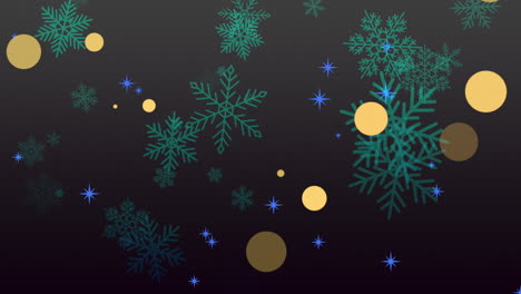 Animation-Fliegen-Grüne-Schneeflocken-Und-Glitzert-Auf-Schwarzem-Feiertagswinterhintergrund