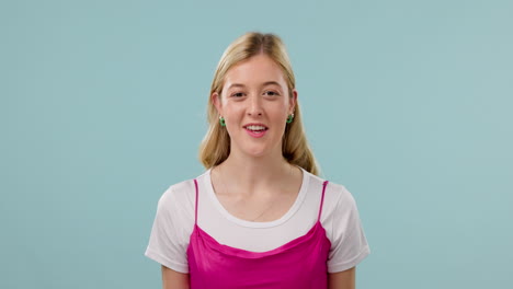 winner, excited and face of woman on blue
