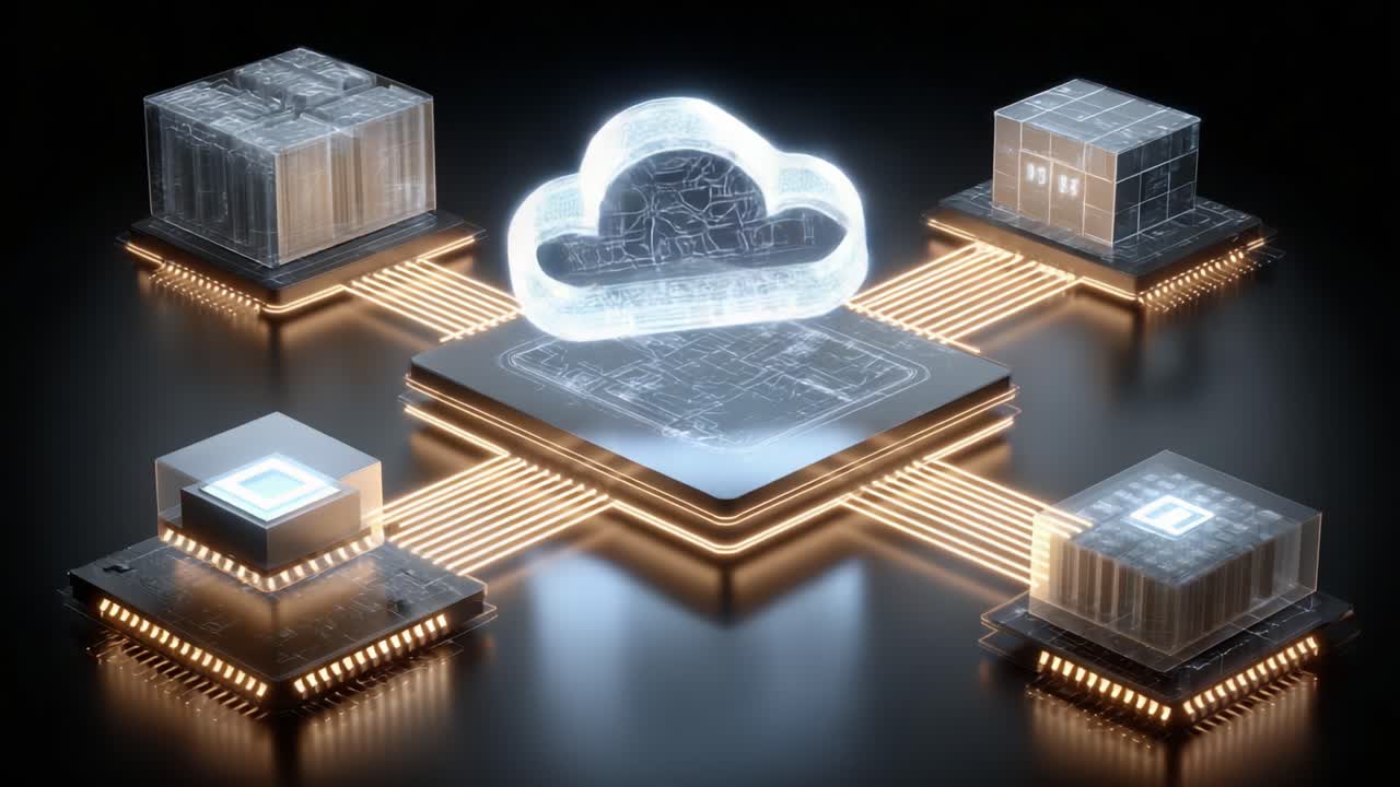 A Futuristic Representation of Cloud Technology with Central Processor, Interconnected Modules, and Dynamic Data Flow Visualization