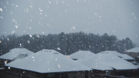 Schöner-Schneefall-über-Einem-Vorort-Mit-Bäumen-Im-Hintergrund