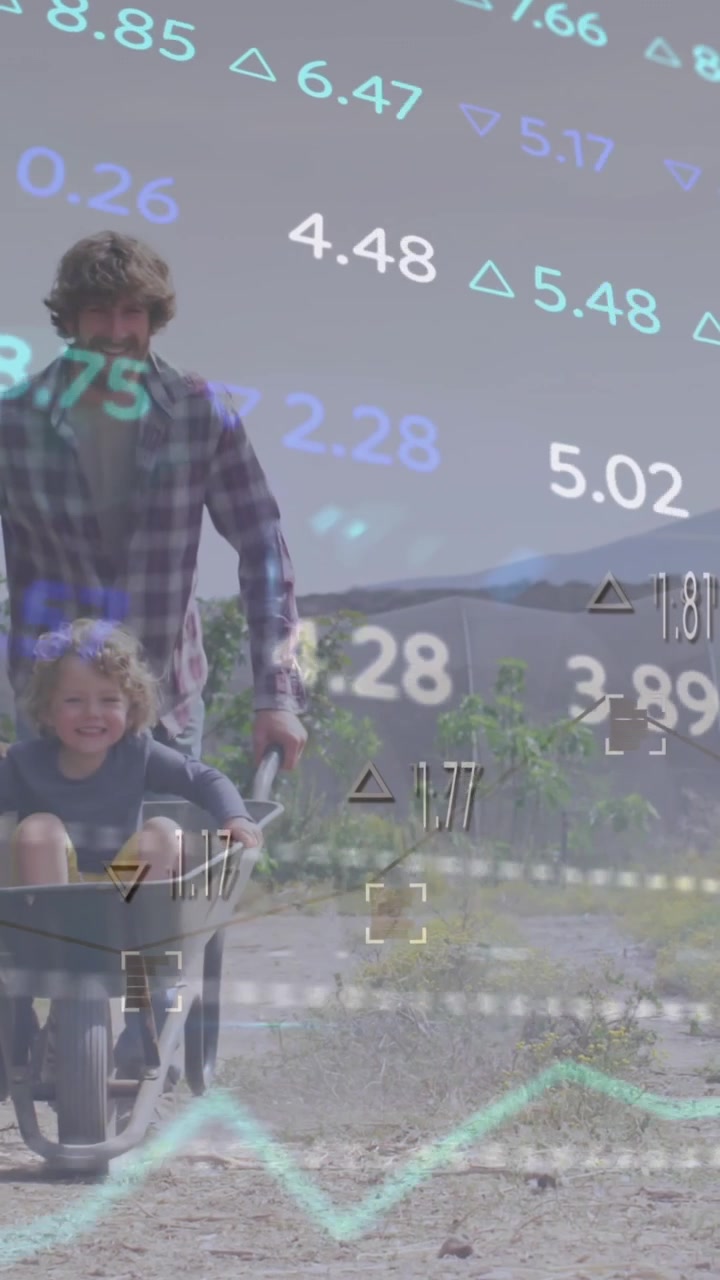 Animation af finansiel databehandling over kaukasisk mand og hans søn, der arbejder i haven
