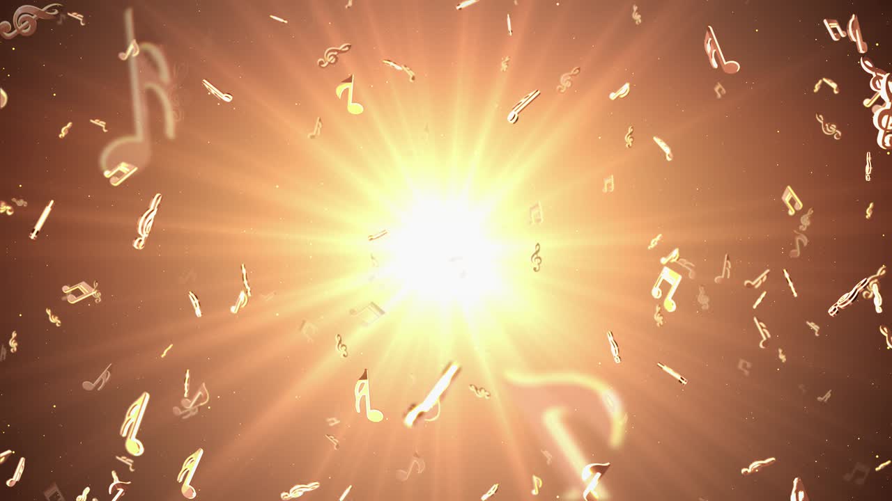 4K seamless looped animated camera flight through the tunnel golden shinig music notes floating in the air.