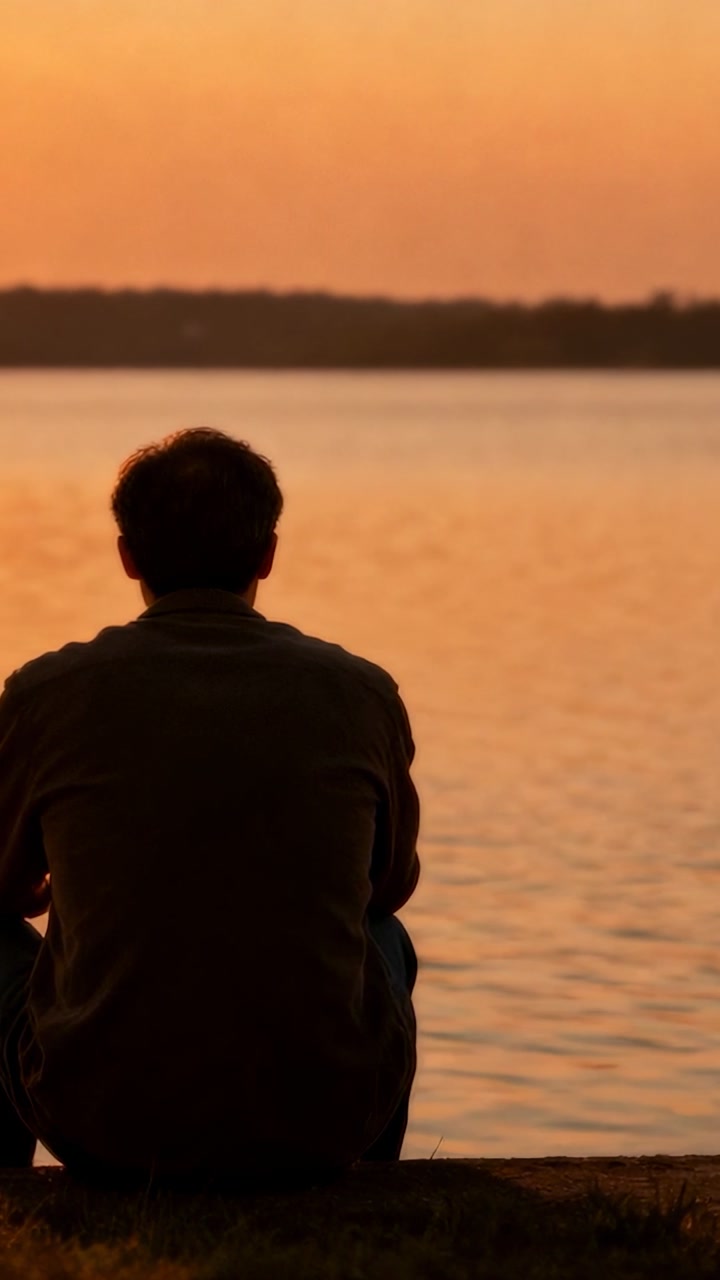 Vertical video: Sunset drawing man in dark jacket sitting on lake ledge, watching distant treeline