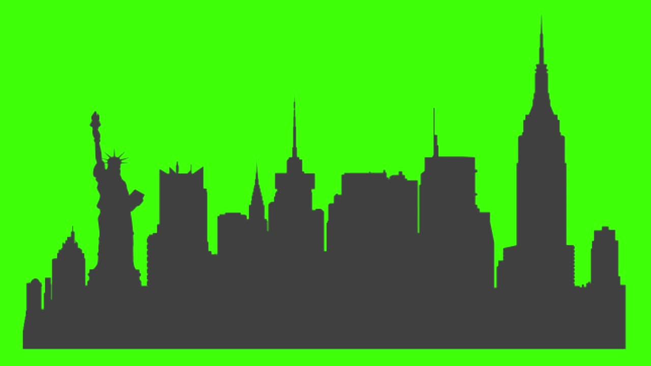 icon of New York City landmarks popping up on the green screen
