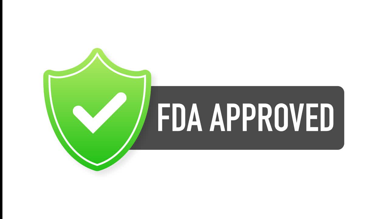FDA approved green label on white background. Flat banner. Motion graphics.