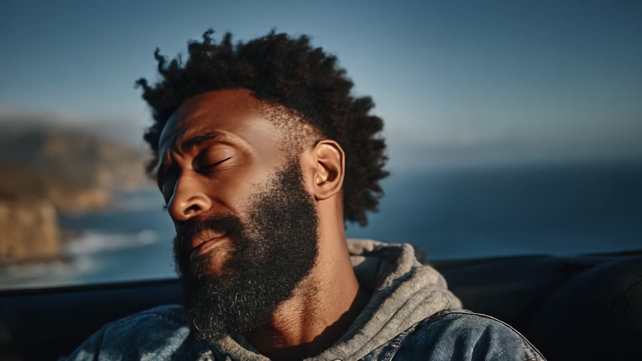 A Peaceful Moment by the Sea: A Man Enjoying Tranquility and Reflection with the Ocean Breeze on a Clear Day, Embracing Nature's Beauty and Calmness