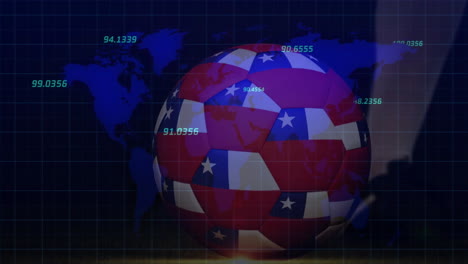 soccer ball with american flag pattern over world map and animation data points
