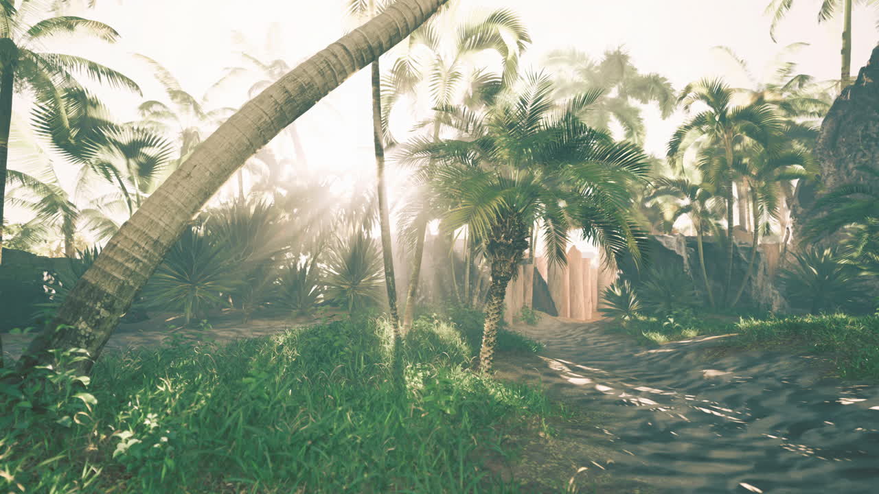 Lush tropical landscape under sunlight with palm trees and greenery