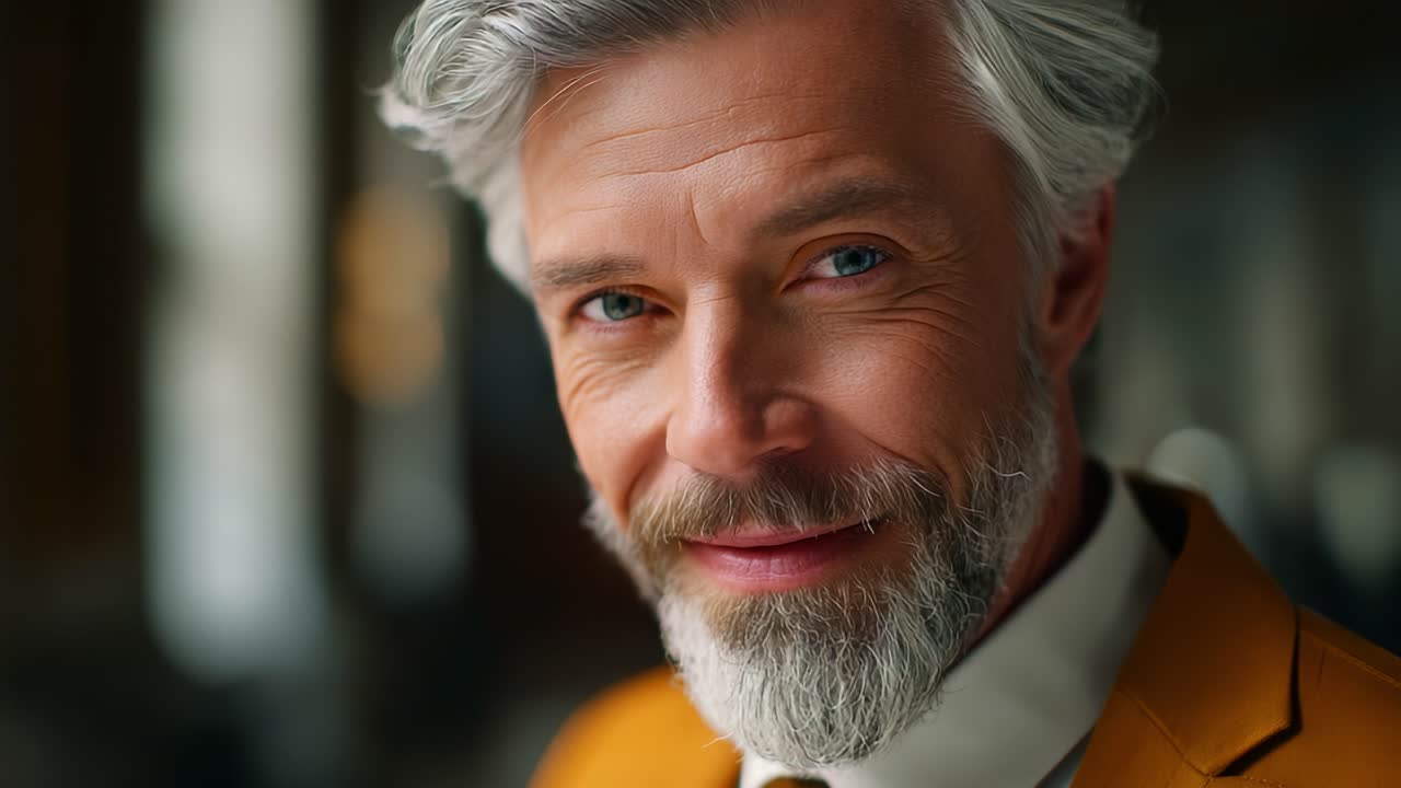 Ritratto affascinante di un distinto uomo anziano con capelli argentei che indossa un abito giallo, che irradia carisma ed eleganza in un ambiente con illuminazione soffusa