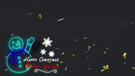 Neon-snowman-with-Happy-Christmas-and-Happy-New-Year-text-against-confetti-falling