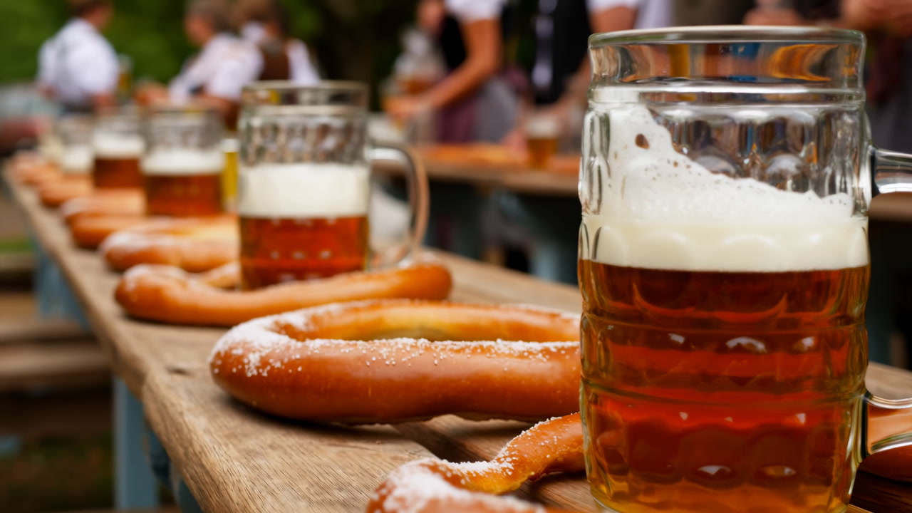 Beer Mug Pretzel On Wooden Table, Frothy Amber Lager In Glass Stein Next To Salted Soft Pretzel On Weathered