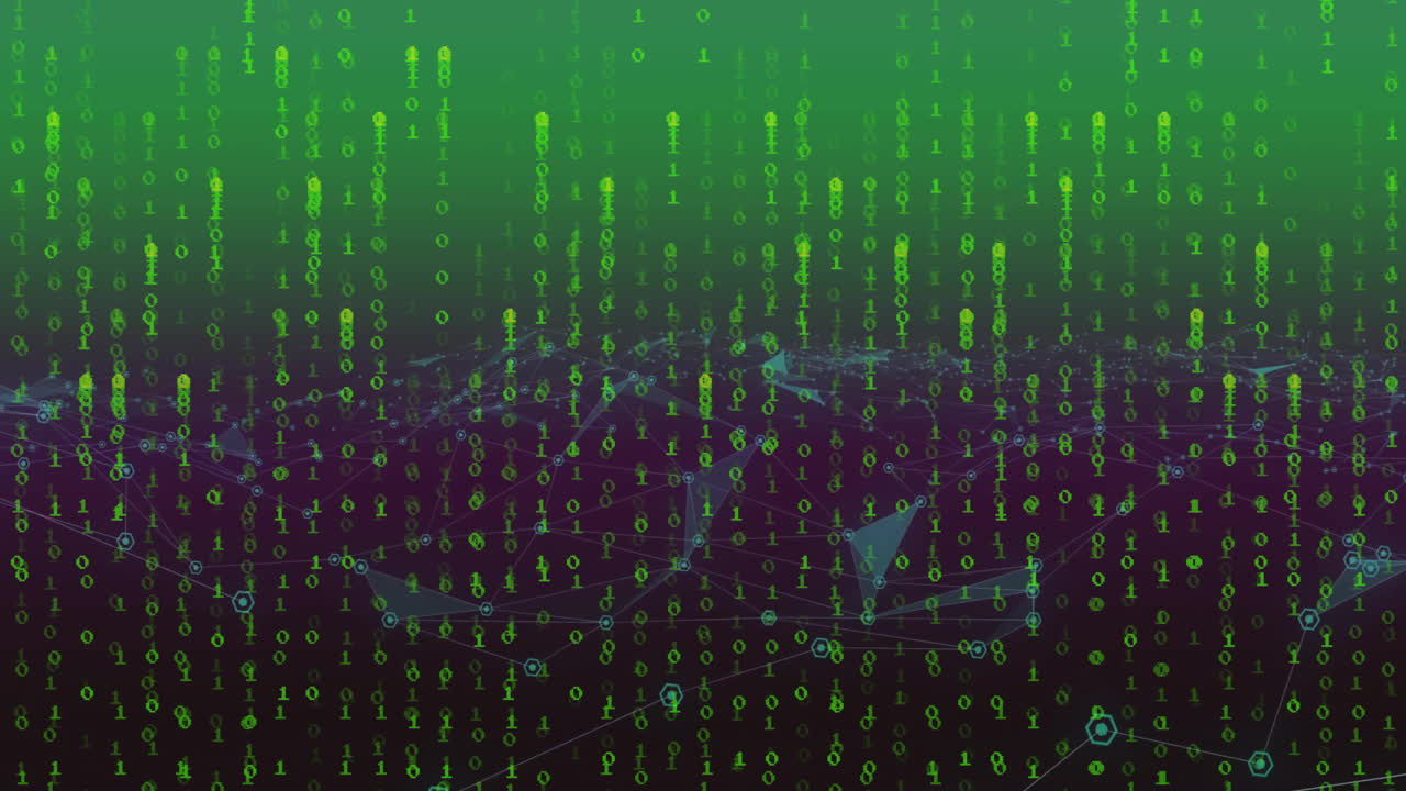 Animation of binary coding data processing with glowing neon light trails