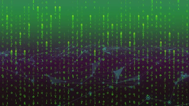 Animation of binary coding data processing with glowing neon light trails
