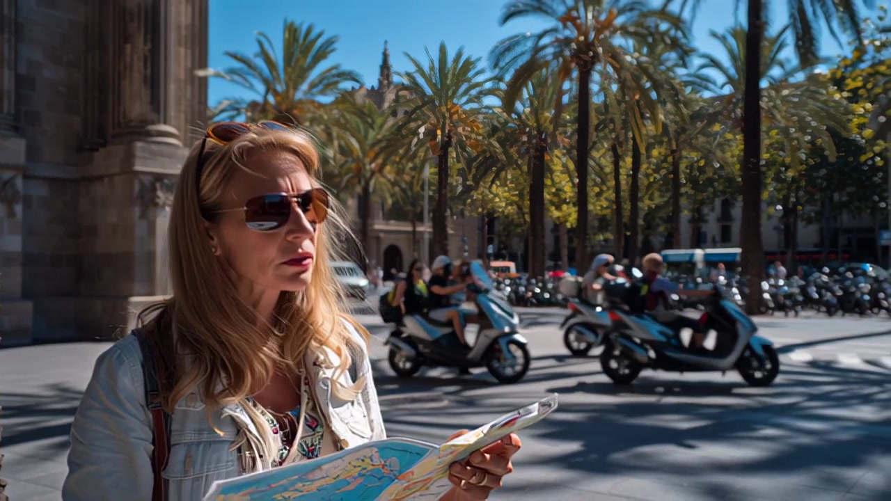 Riprese di una viaggiatrice con occhiali da sole che legge una mappa cartacea su una luminosa strada urbana con palme e scooter di passaggio, ideale per temi di turismo e navigazione