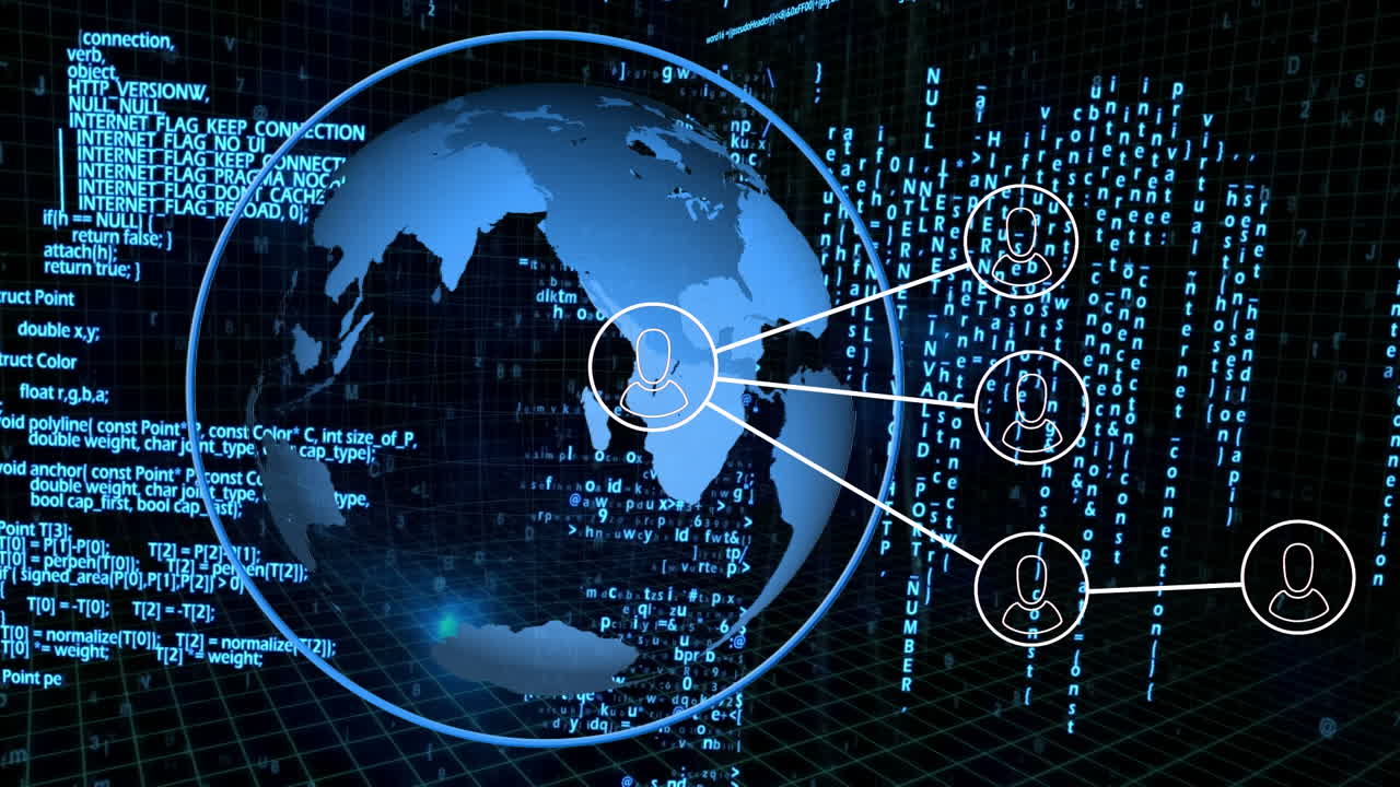 Animation of network of connections with people icons and data processing over globe