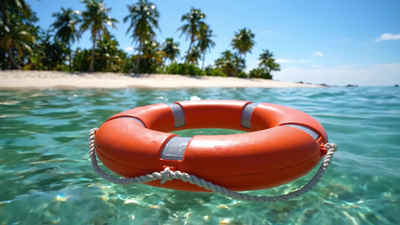 A Vibrant Orange Lifebuoy Floating in Crystal Clear Waters Surrounded by Lush Tropical Palm Trees and a Serene Sandy Beach, Evokes Peaceful Summer Relaxation