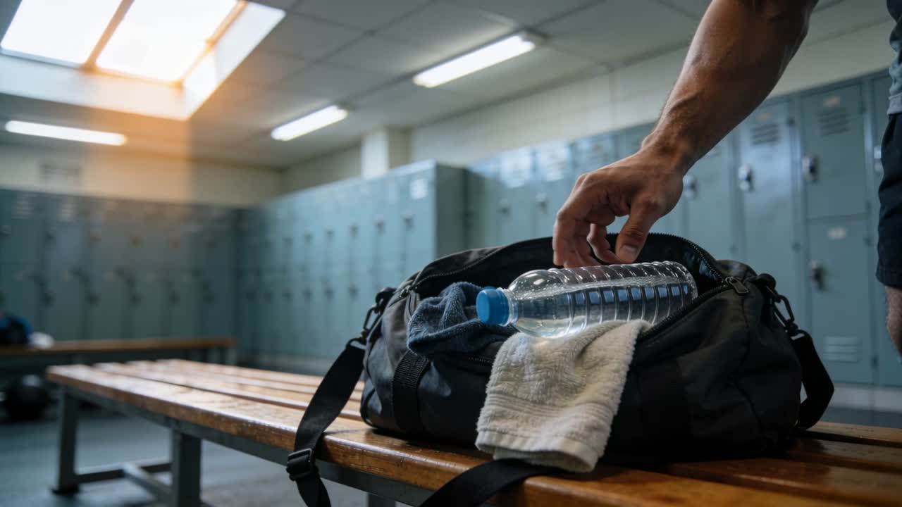 Entering arm reaching into duffel bag in locker room, grabbing bottle and towel after workout