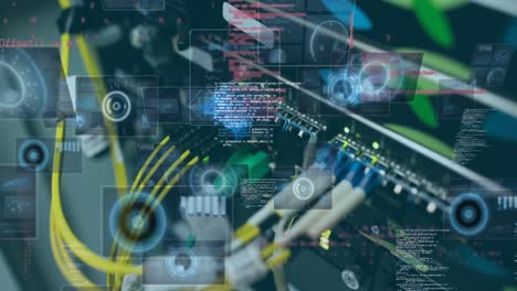 Animation-of-round-scanners-and-data-processing-against-close-up-of-a-computer-server