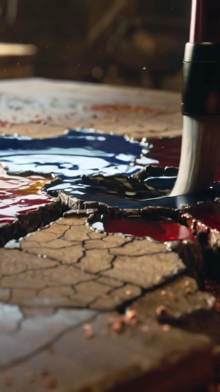 Video vertikal: Menyentuh kolam merah, kuas menggerakkan bulu-bulunya mencampur pigmen mengisi celah di studio.