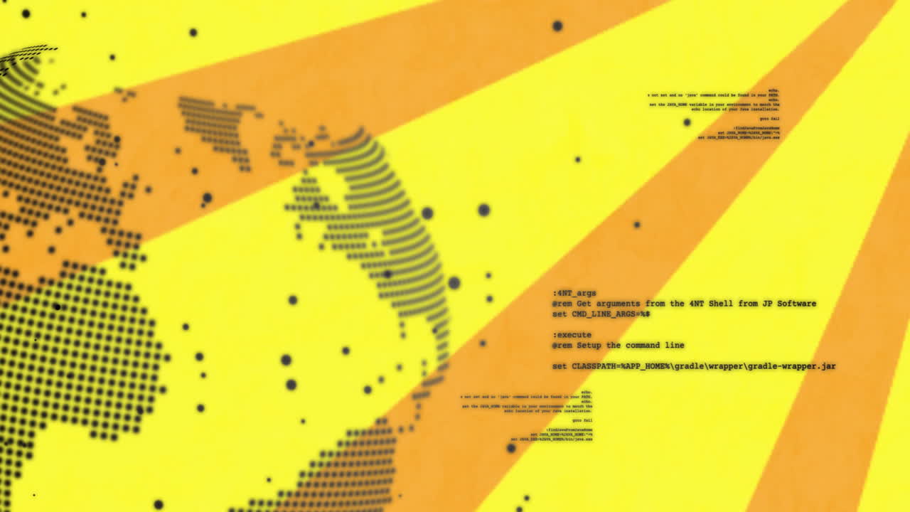 mapa del mundo y animación de texto de codificación sobre fondo amarillo y naranja