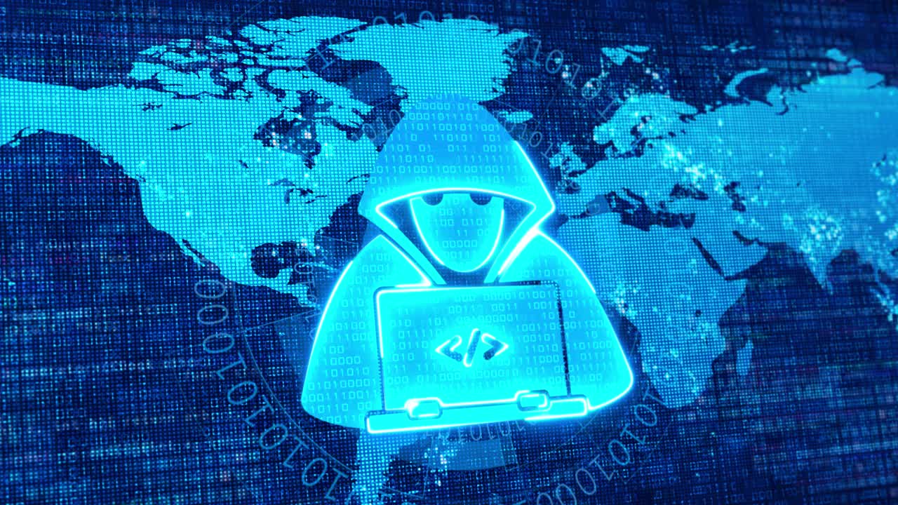 Anonymous silhouette cybercrime and cyber security blue background binary code texture hacking