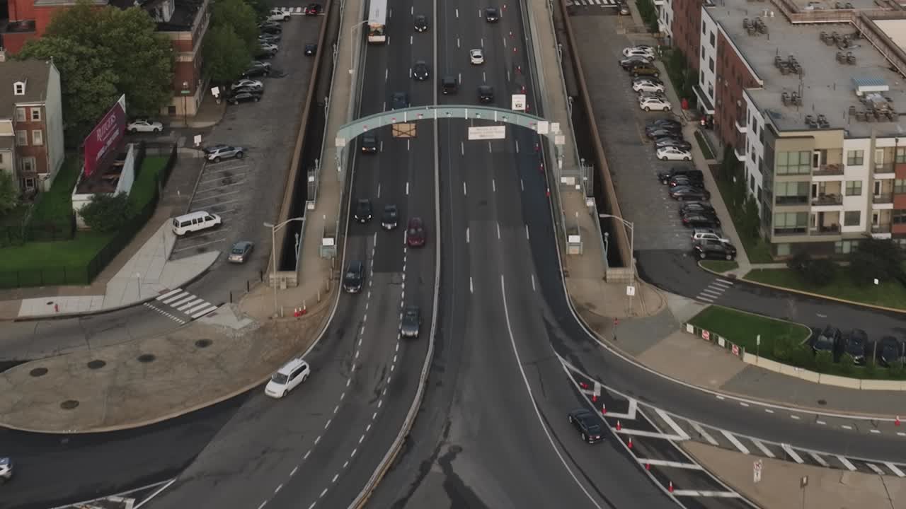 Drone view of busy roadways in Philadelphia, USA during the day