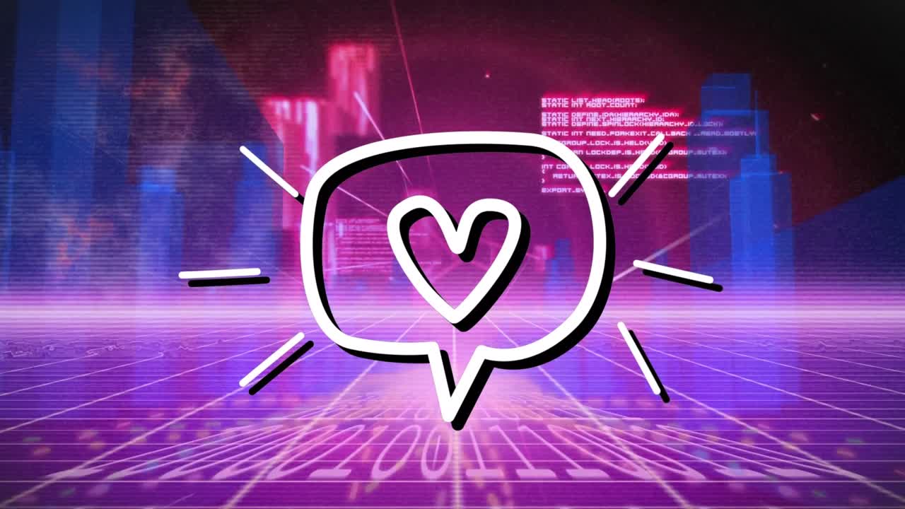 3D city animation with pink glow, data lines, and neon social media icons